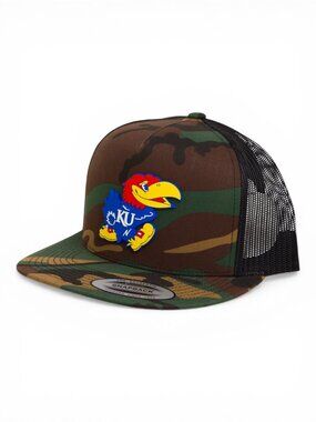 Kansas Jayhawks 3D Snapback Flat Bill Trucker Hat- Army Camo/ Black